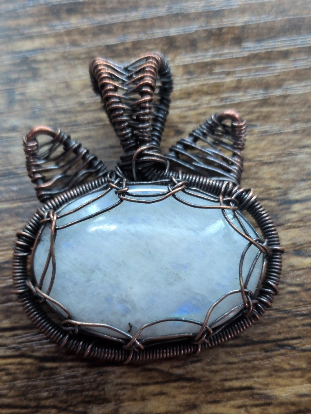 Handcrafted Moonstone Wire Wrapped Pendant in Copper